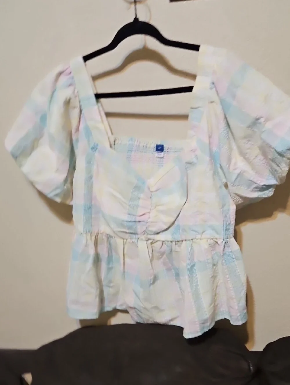 Old Navy Pastel Plaid Peplum Top in Yellow, Pink, Mint & Light Blue